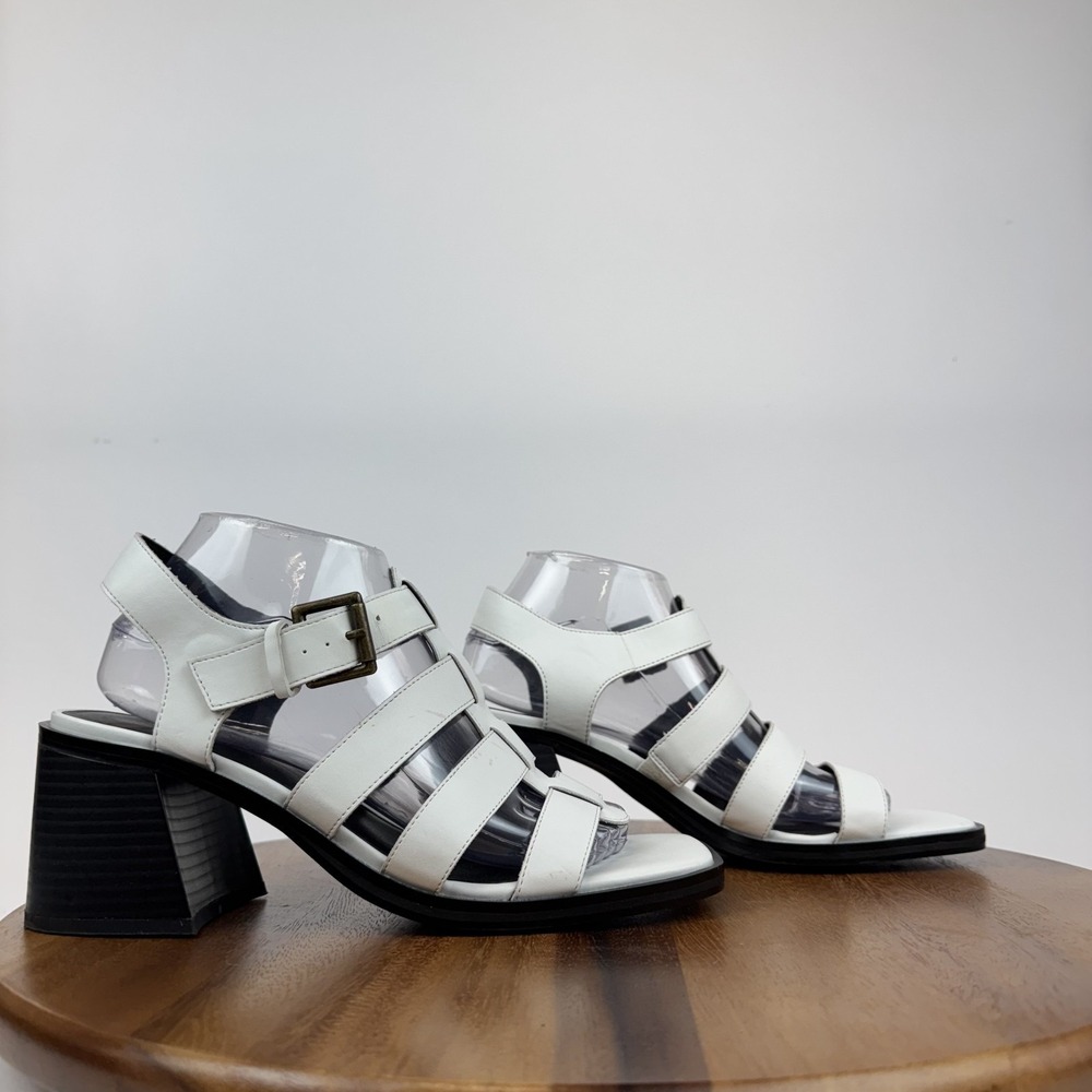 Womens Zodiac Joleen White Faux Leather Gladiator Block Heels Sandals Size 9 M